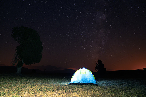 Photo of illuminated camping tent under the stars in the night. Shot with a full frame mirrorless camera.