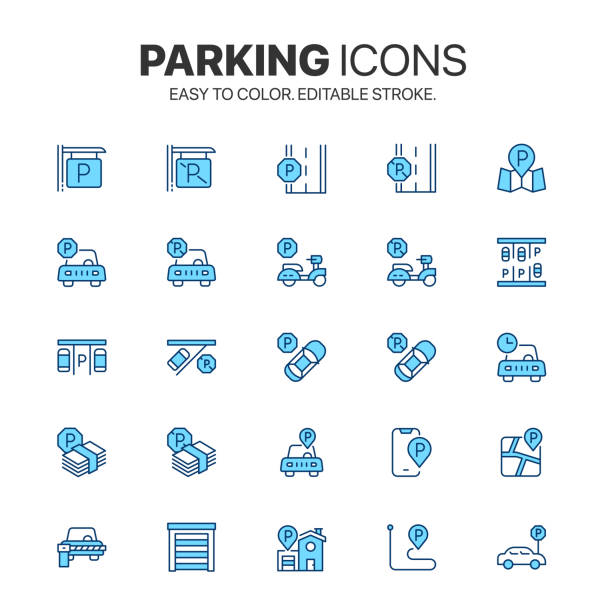 Car Parking icon set. Easy to color. Paid Parking and Private Entry line icons. Garage and Car-Park symbol vector sign Parking icon set. Editable stroke and easy to color. Included icons as Garage, Valet Servant, Paid Parking, Recorder, Lift and Street Road sign vector. sidewalk icon stock illustrations