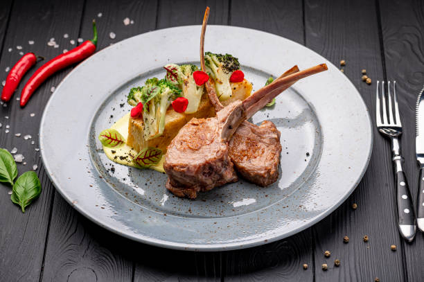 istock Rack of lamb with potato gratin and grilled broccoli 1420809948