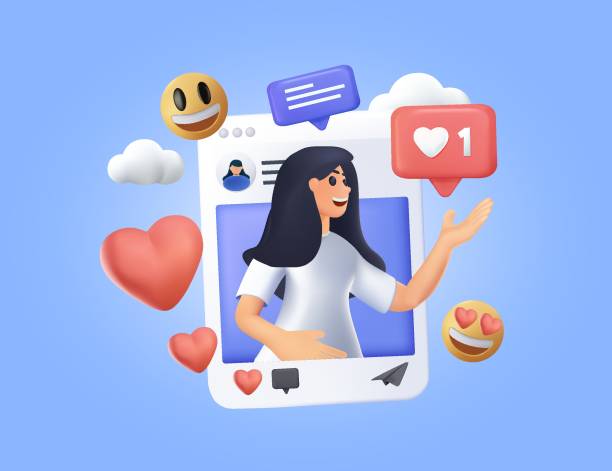 Social media post, blogging. Influencer blogger girl character. Like, share and comment promo. Selfie SMM creative idea. Social media post, blogging. Influencer blogger girl character. Like, share and comment promo. Selfie creative idea. SMM Social profile insta frame young star. Vector illustration. Modern 3d render user profile illustration stock illustrations
