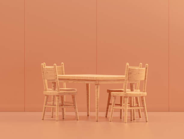 istock Wooden dinner table in single color interior room, 3d Rendering 1420811431