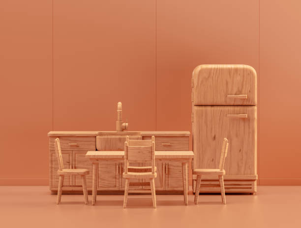 istock Wooden kitchen with refrigerator and dinner table in single flat color kitchen, 3d Rendering 1420812334