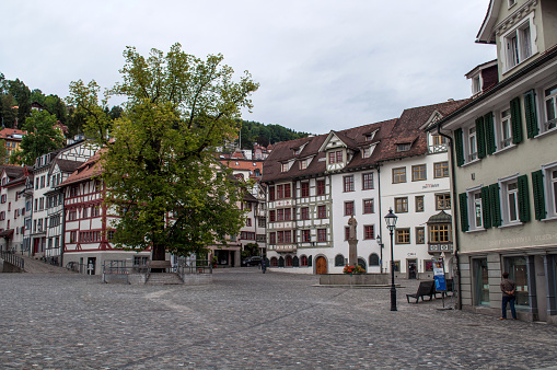 St Gallen, Switzerland - Main square with fountain and old houses in the city center