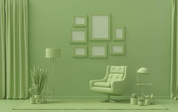 istock Mock-up poster gallery wall with 7 frames in solid pastel light green room 1420813983
