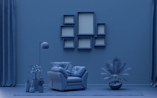 istock Mock-up poster gallery wall with 7 frames in solid pastel dark blue room 1420814693