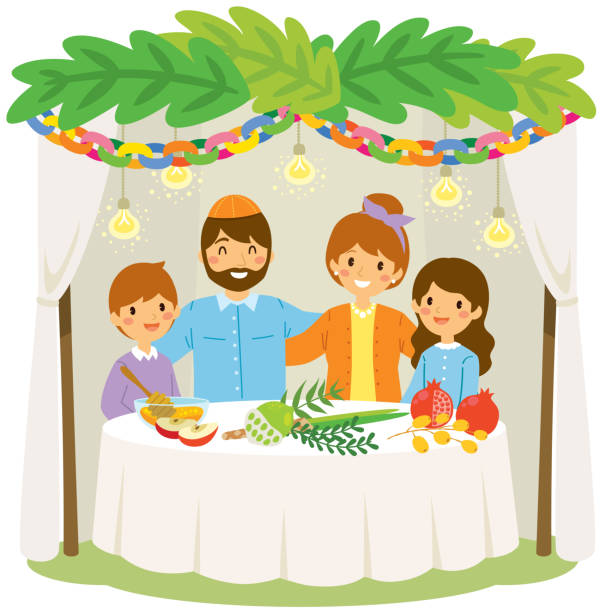 Holiday of Sukkot - family in the Sukkah Jewish family celebrating Sukkot in the traditional booth with symbols of the holiday. citron stock illustrations
