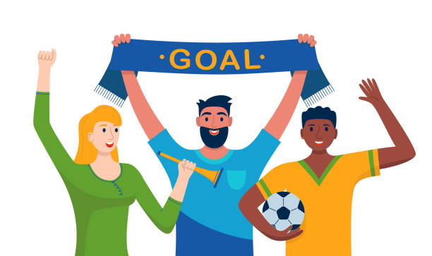 Football fans with a scarf, vuvuzela and ball Soccer fans with a scarf, vuvuzela and ball isolated on white background. Crowd of football supporters with hands up. Concept of sport, human emotions, entertainment. Vector illustration in flat style men watching soccer game stock illustrations