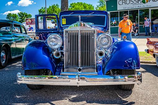Falcon Heights, MN - June 17, 2022: Low perspective front view of a at a local car show.