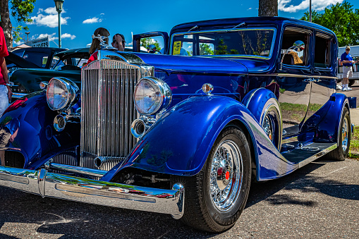 Falcon Heights, MN - June 17, 2022: Low perspective front corner view of a at a local car show.