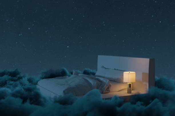 3d rendering of cozy bed illuminated by lamp. the bed flying over fluffy clouds at night - 睡覺 圖片 個照片及圖片檔