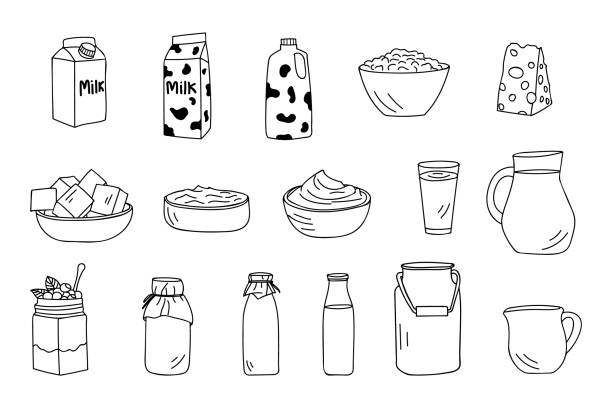 ilustrações de stock, clip art, desenhos animados e ícones de milk products doodle icon collection. hand drawn milk products icon set. dairy products illustrations collection - jarro de leite