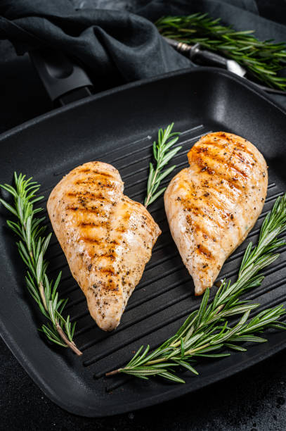 istock Grilled healthy chicken breasts cooked on a grill pan. Black background. Top view 1420821152