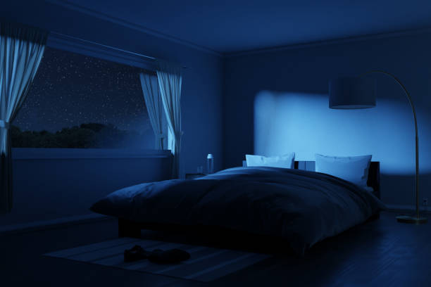istock 3D rendering of spacious bedroom with cozy low bed at night 1420823149