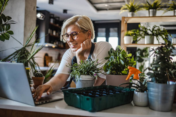 junge botanikerin prüft online-bestellungen auf dem laptop - florist stock-fotos und bilder