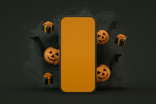 3d render, mobile smart phone screen with Halloween black color background.