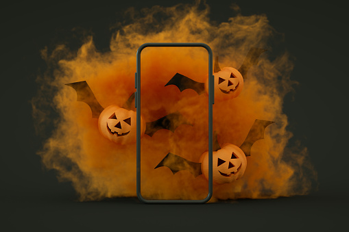 3d render, mobile smart phone screen with Halloween black color background.
