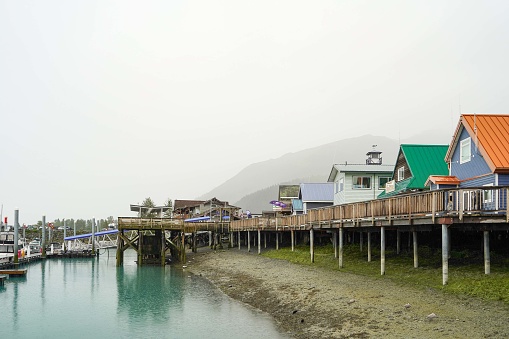 Tourist gifts shops, fishing charters, and cruises to the fiords in the charming seaside fishing village of Seward, Alaska, USA.