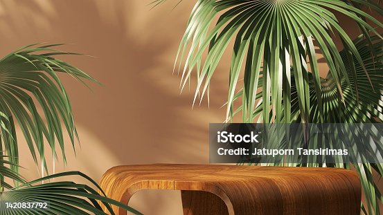 istock Geometric shape wood pedestal table podium with tropical palm tree leaves on white background 1420837792