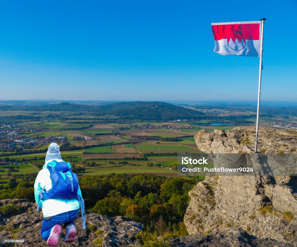 Female Hiker on Mountain in Franconia Germany Famous Landscapes Germany 30-34 Years Stock Photo