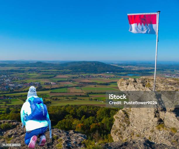 Female Hiker On Mountain In Franconia Germany Stock Photo - Download Image Now - 30-34 Years, Adult, Adults Only