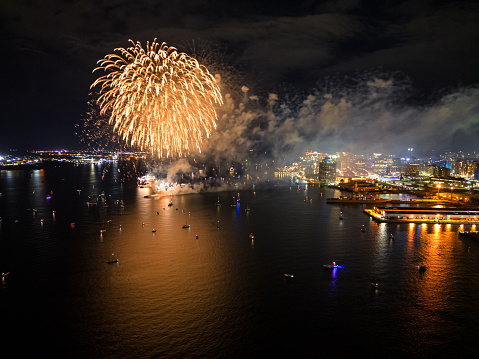 Aerial view of a fireworks display finale.