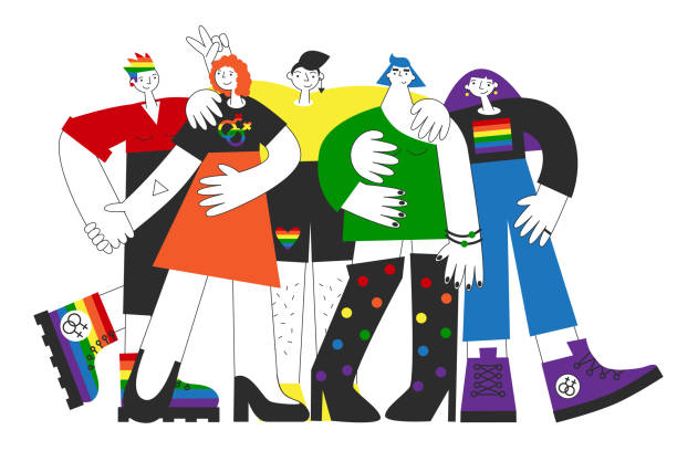 illustrazioni stock, clip art, cartoni animati e icone di tendenza di gruppo di donne gay in piedi con la bandiera arcobaleno, simboli lgbtq. visibilità, consapevolezza, uguaglianza, orgoglio e diritti delle lesbiche omosessuali queer. amore omosessuale e concetto di legalizzazione del matrimonio illustrazione piatta vettor - rainbow gay pride homosexual homosexual couple