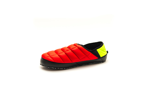 One red black green slip-on shoes mules isolated on white background. Ripstop upper, collapsible heel warmth and comfort sneaker footgear.