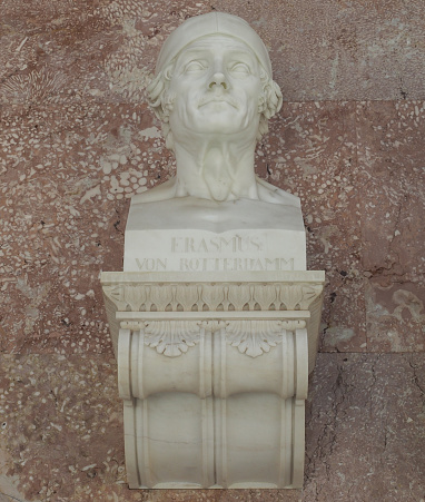 Donaustauf, Germany - Circa June 2022: Bust of Dutch humanist Erasmus of Rotterdam at Walhalla temple by sculptor Tieck circa 1813