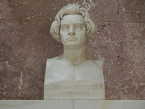 Donaustauf, Germany - Circa June 2022: Bust of composer Ludwig van Beethoven at Walhalla temple by sculptor Lossow circa 1866
