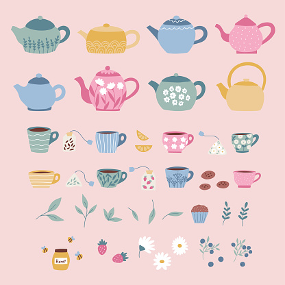 Tea pots and cups collection.