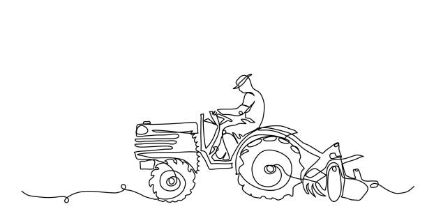 ilustraciones, imágenes clip art, dibujos animados e iconos de stock de tractor conductor agricultor, hombre. fondo vectorial, pancarta, cartel, concepto de maquinaria agrícola. una línea continua de dibujo de dibujo ilustración conductor de tractor - farmer farm agriculture tractor