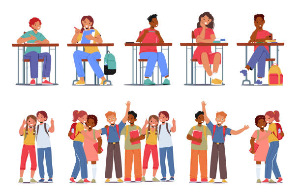 249 (schoolchildren_2) Set of Students, Back to School Concept with Pupils Boys or Girls with Backpacks and Textbooks Stand in Row and Learning Sitting at Desks. Happy Children Characters. Cartoon People Vector Illustration back to school teens stock illustrations