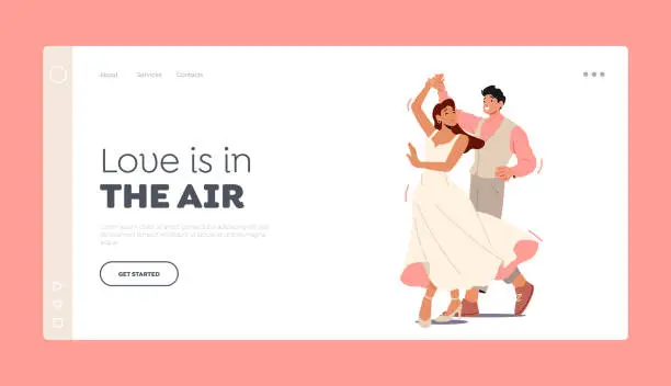 Vector illustration of Marriage Celebration Landing Page Template. Young Husband and Wife Dancing Waltz. Happy Newlywed Couple Dancing