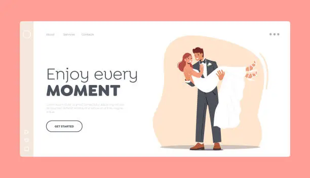 Vector illustration of Newlywed Man and Woman Getting Married Landing Page Template. Happy Groom Carry Bride on Hands to Altar during Wedding