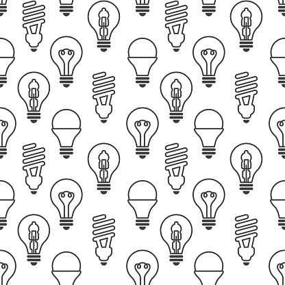 Seamless pattern with different light bulbs. Vector modern line pattern with different lamps.
