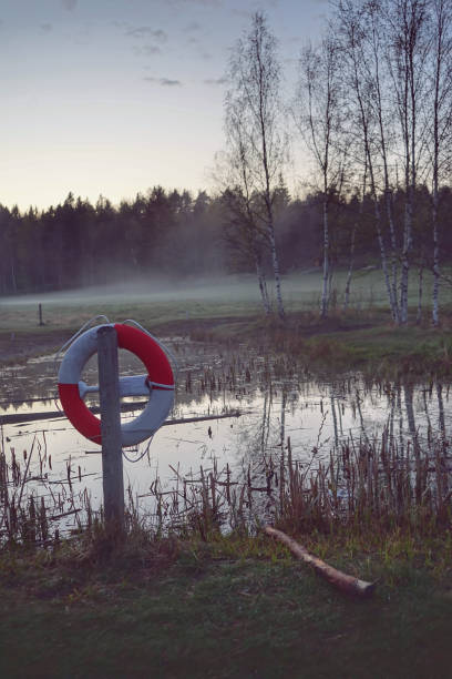 istock lifebuoy by water in field 1420854689