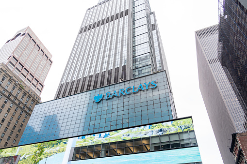 New York, NY, USA - August 17, 2022: Barclays office building in New York, NY, USA on August 17, 2022. Barclays is a British multinational universal bank.