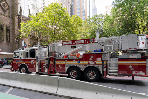 New York City, USA - August 17, 2022: A New York Fire Department Ladder 15 FDNY Truck is seen in New York City, USA.