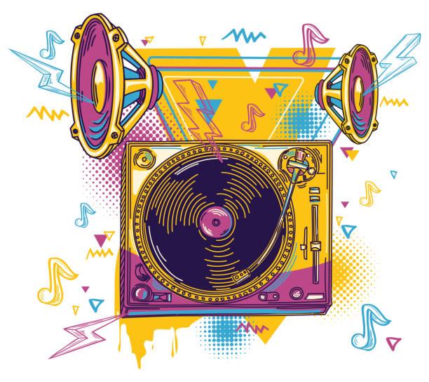 istock Turntable and  loudspeakers - colorful musical design 1420861588