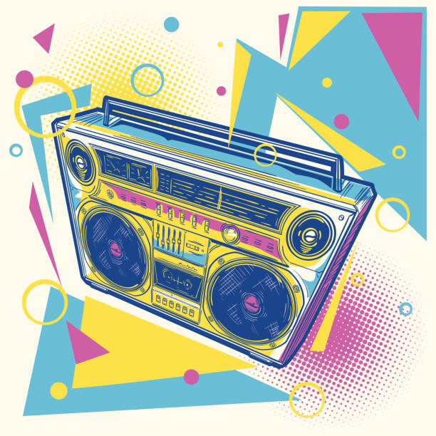 istock Music design - colorful drawn boom box tape recorder 1420862101