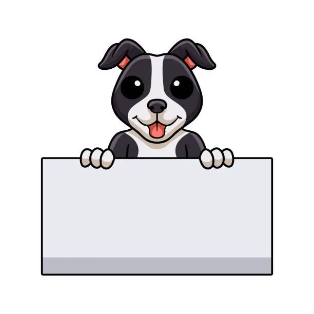 Vector illustration of Cute american staffordshire terrier dog cartoon holding blank sign