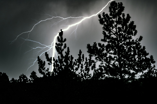 Close up night time lightning strike in Colorado of western USA