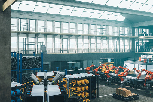 Large futuristic dystopian style factory with robot workers.