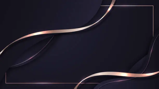 Vector illustration of Abstract 3D luxury purple color wave lines with shiny pink gold curved line decoration and frame glitter lighting on gradient dark background