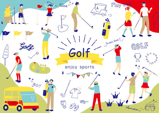 illustrazioni stock, clip art, cartoni animati e icone di tendenza di set illustrazione di icone del golf e golfista - golf golf club golf course teeing off