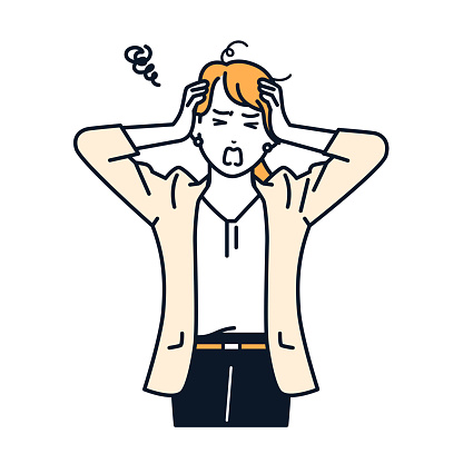 Vector illustration material of a woman in a suit who is worried about holding her head