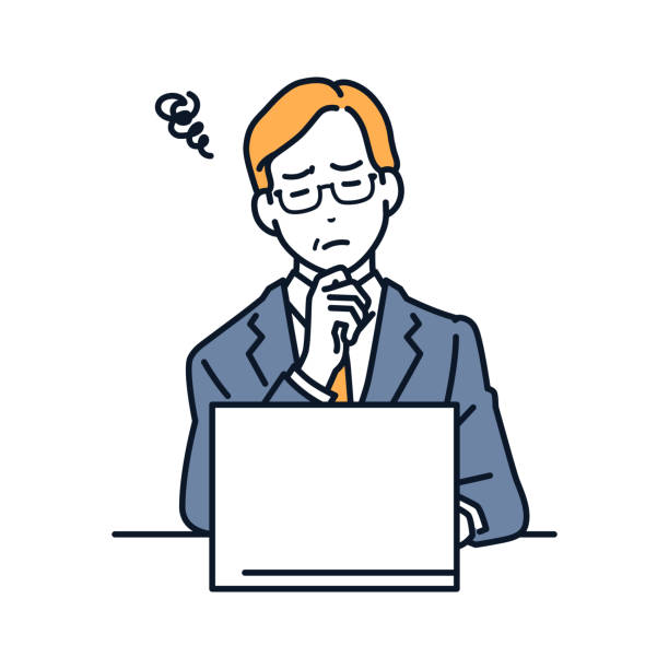 Vector illustration material of a boss worried in front of a laptop Vector illustration material of a boss worried in front of a laptop small business owner on computer stock illustrations