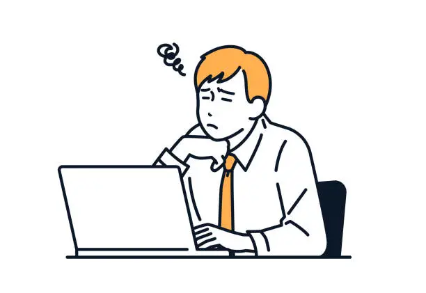 Vector illustration of Vector illustration material of a man worried in front of a laptop