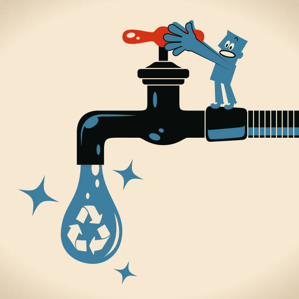 синий человек включает или выключает кран (кран), капл�я воды с символом recycling - sustainable resources water conservation water faucet stock illustrations
