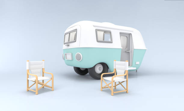 istock 3d camper with chair on minimal background. 1420878755